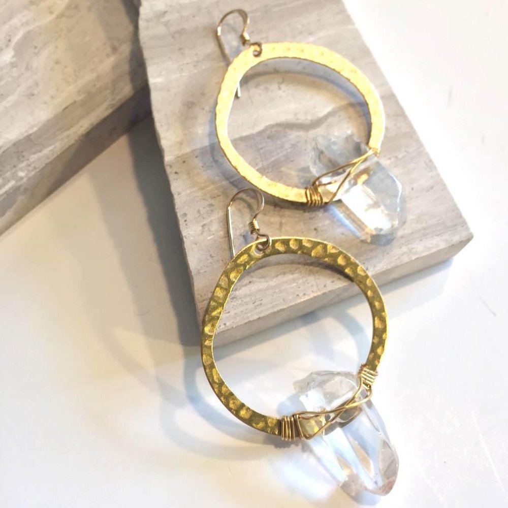 Hammered Hoop / Wrapped Quartz Crystal Earrings